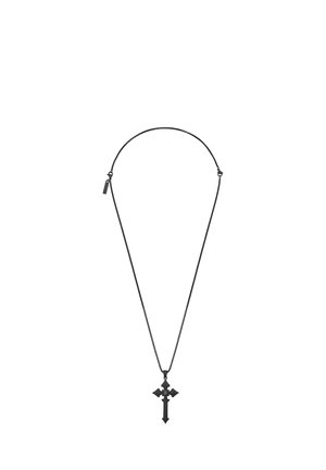 Black metal necklace with a detailed Gothic cross pendant hanging from a thin chain with a small tag near the clasp.