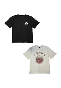 Zwei T-Shirts: eines schwarz mit einem Bergmotiv und Text, und eines weiß mit einem kreisförmigen Arizona-Motiv in Burgunderrot. Aus Baumwollmaterial.
