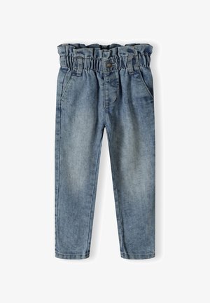 Spijkerbroek in lichtblauw met een elastische tailleband, twee voorzakken en een rechte pijp. Soepele, licht vervaagde textuur.