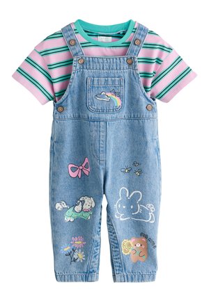 Denim overalls with embroidered rainbow, bees, bunny, dog, flowers, bow, and bear, layered over pink and green striped short sleeve shirt.
