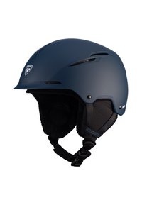 Tummansininen hiihtokypärä, jossa on matta pinta. Varustettu tuuletusaukoilla, pehmeillä korvatyynyillä ja säädettävällä leukahihnalla. Logo etupinnassa.