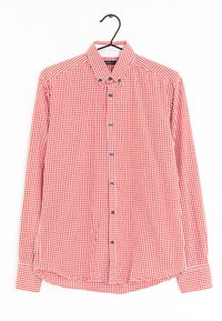 Röd och vit rutiga långärmad skjorta, knäppning framtill, med krage, har kontrasterande knappar, tillverkad i bomull och med rak fåll.