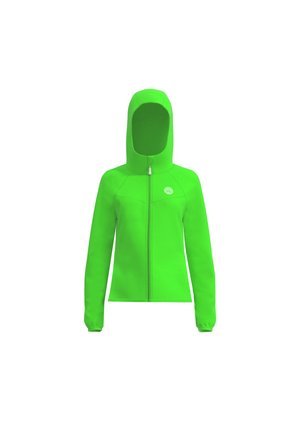 Grüne Fleecejacke mit Reißverschluss, Kapuze und langen Ärmeln. Verfügt über ein Logo auf der Brust und eine glatte Textur.