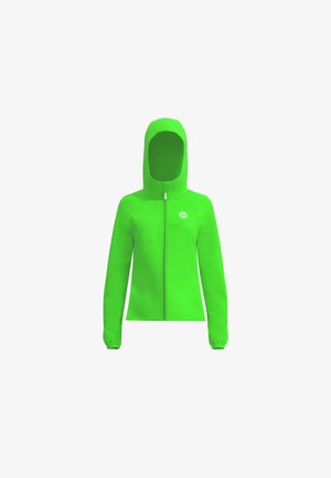 Grüne Fleecejacke mit Reißverschluss, Kapuze und langen Ärmeln. Verfügt über ein Logo auf der Brust und eine glatte Textur.