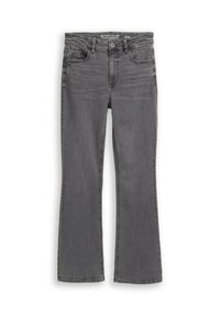 Jean bootcut gris en denim, avec un design classique à cinq poches, une légère décoloration et des détails de couture le long des coutures.