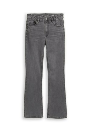 Jean bootcut gris en denim, avec un design classique à cinq poches, une légère décoloration et des détails de couture le long des coutures.