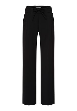 Schwarze weit geschnittene Hose aus weichem Stoff, mit elastischem Bund, seitlichen Taschen und glatter Textur.