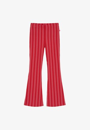 Pantalon évasé rayé rouge avec une ceinture extensible, présentant des rayures blanches verticales. Fabriqué en tissu doux et texturé.