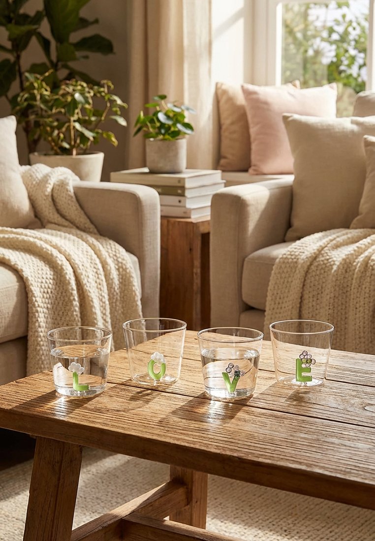 Cztery przezroczyste szklanki z literami L, O, V, E na drewnianym stole, dwie beżowe sofy z kocami i roślinami w słonecznym, przytulnym salonie.