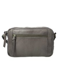 Gray leather crossbody bag with a zip closure, featuring a front zip pocket, soft texture, and rounded edges. Adjustable strap included.