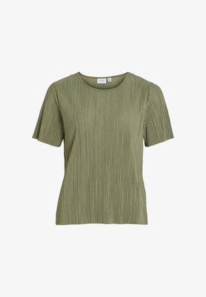 Top a maniche corte verde oliva a coste con scollo rotondo e vestibilità rilassata, realizzato in tessuto leggero e strutturato.