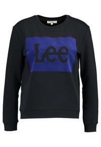 Sweatshirt nero con una grafica rettangolare viola che presenta la parola "Lee" in lettere nere in grassetto. Materiale in cotone, colletto a girocollo, maniche lunghe.