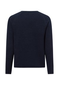 Marineblaues Langarm-Sweatshirt mit Rundhalsausschnitt, strukturiertem Strickmuster und gerippten Bündchen sowie Saum. Einfaches Design in einfarbig.