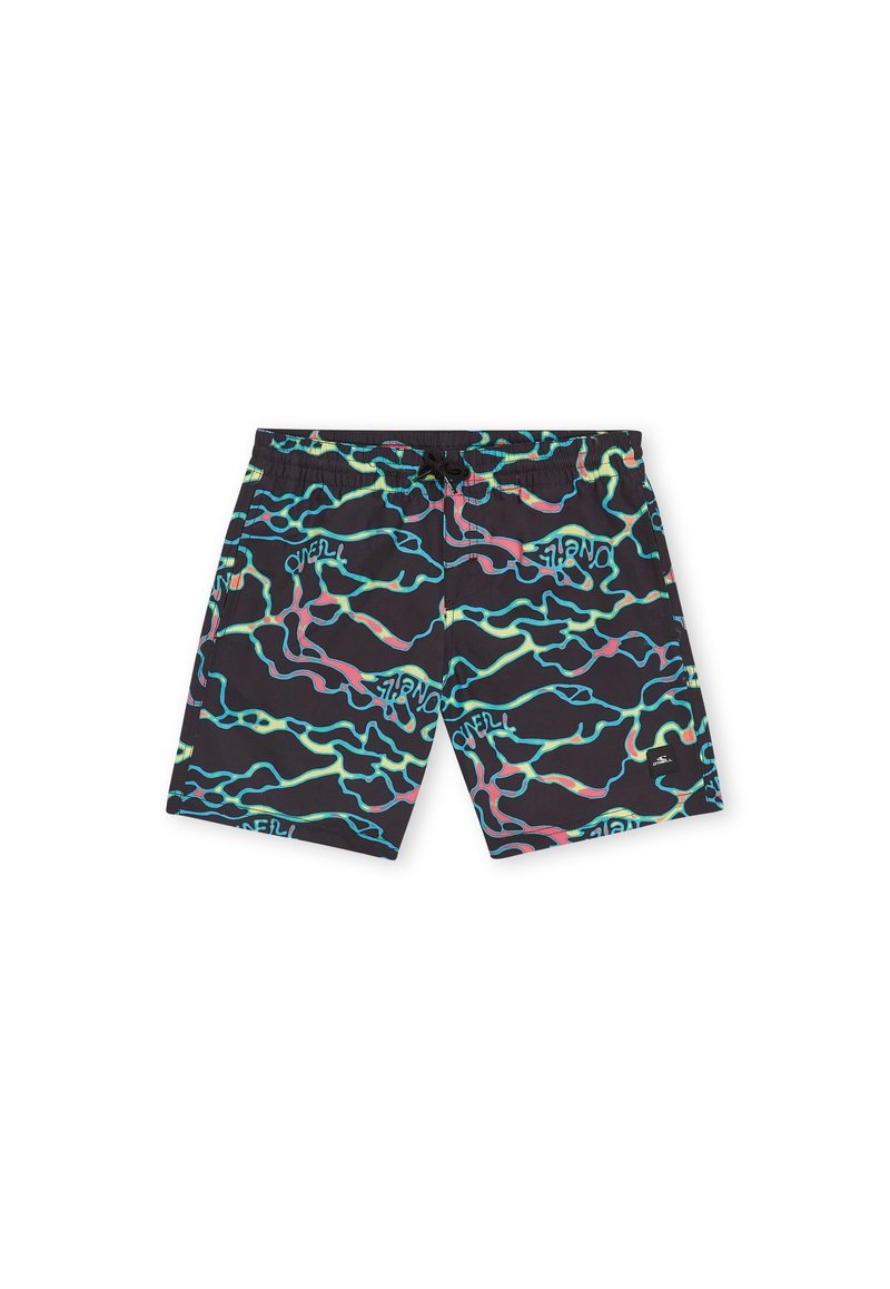 Heren zwemshorts met een zwarte basis en een multikleuren, golvend patroon en het merkteken. Het materiaal lijkt lichtgewicht en snel drogend te zijn.