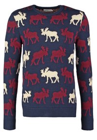 Maglione blu navy con un motivo di silhouette di alci rossi e bianchi. Collo e polsini a coste, tessuto lavorato a maglia con una consistenza media.