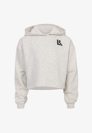 Korte hoodie van lichtgrijze stof met een zachte textuur en verstelbare capuchon. Voorzien van een zwart logo op de linkerborst.