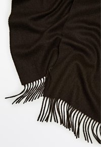 Brun cashmere-halstørklæde med blød tekstur, frynsekanter og glat drapering. En subtil glans fremhæver udseendet, velegnet til lag-på-lag styling.