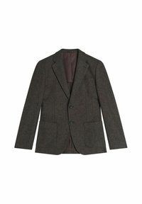 Brun tweedblazer med skräddarsydd passform, spetsiga slag, två framfickor och tvåknappsstängning. Fodrad insida i en mörkare nyans.