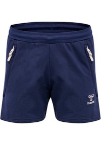 Dunkelblaue Sportshorts aus weichem Stoff, mit zwei seitlichen Taschen mit weißen Reißverschlüssen und einem Logo an der unteren Vorderseite.