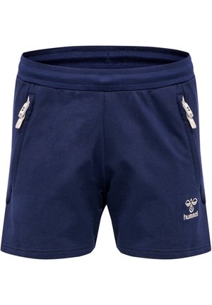 Shorts de sport bleu marine en tissu doux, dotés de deux poches latérales avec des zips blancs et d'un logo sur le bas à l'avant.