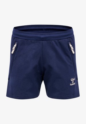 Shorts sportivi blu navy realizzati in tessuto morbido, dotati di due tasche laterali con cerniere bianche e un logo nella parte anteriore inferiore.