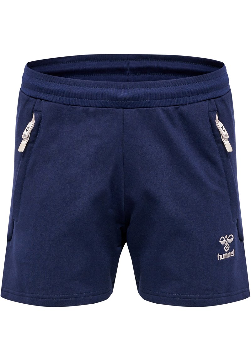 Dunkelblaue Sportshorts aus weichem Stoff, mit zwei seitlichen Taschen mit weißen Reißverschlüssen und einem Logo an der unteren Vorderseite.