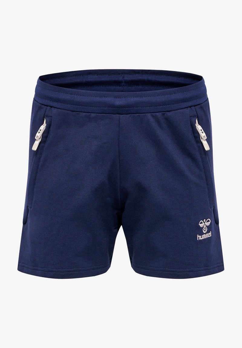 Dunkelblaue Sportshorts aus weichem Stoff, mit zwei seitlichen Taschen mit weißen Reißverschlüssen und einem Logo an der unteren Vorderseite.