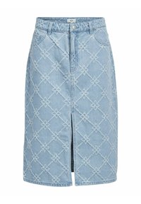 Vaaleansininen farkuhame, jossa on kukkakuosiset brodeeraukset, etuhalkio, viisi taskua ja vyölenkit. Klassinen malli, polvenmittainen.