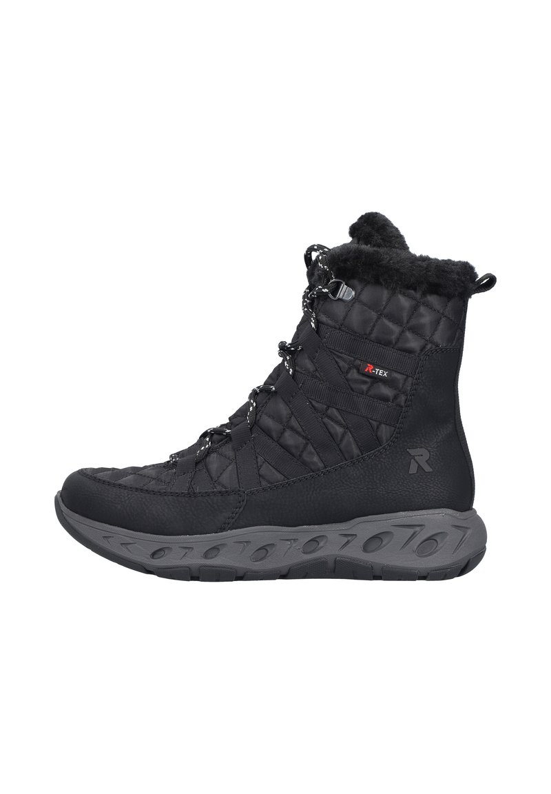 Stivale invernale nero trapuntato con fodera in pelliccia, chiusura con lacci, etichetta waterproof R-TEX e suola in gomma grigia spessa con motivo a tasselli.