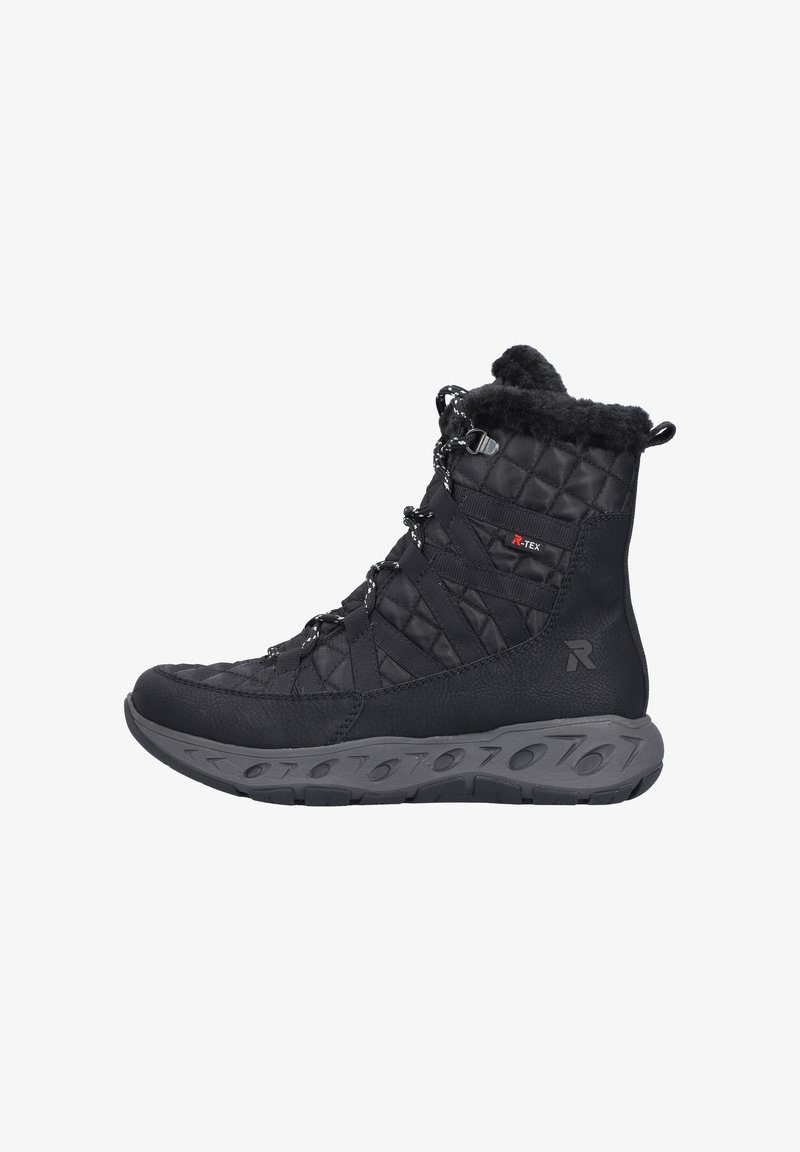 Stivale invernale nero trapuntato con fodera in pelliccia, chiusura con lacci, etichetta waterproof R-TEX e suola in gomma grigia spessa con motivo a tasselli.