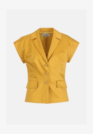 Dzeltens blūzes žakete ar īsām piedurknēm, izgriezuma atloku, trim priekšējiem pogām un divām kabatām ar atloku, izmērs mazs, novietota plakani uz balta fona.