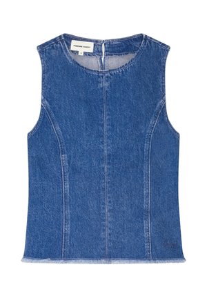 Mouwloos blauw denim topje met ronde halslijn, zichtbare naden aan de voorkant, ruwe zoom en ritssluiting aan de achterkant.