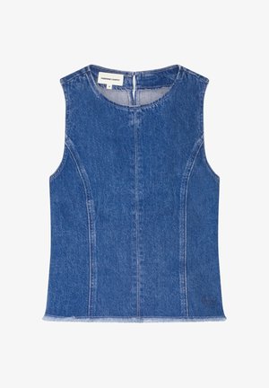 Mouwloos blauw denim topje met ronde halslijn, zichtbare naden aan de voorkant, ruwe zoom en ritssluiting aan de achterkant.