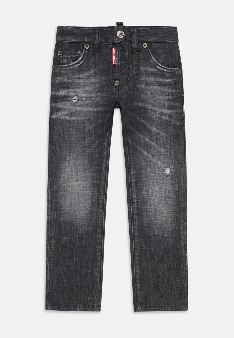 Mörkgrå denimjeans med en sliten textur, som har förstörda detaljer, femfickorsdesign och knappstängning.