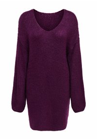 Fioletowy sweter dziergany na drutach z głębokim dekoltem w serek, długimi rękawami i luźnym krojem. Tekstura jest miękka i gruba, z wzorem w prążki.