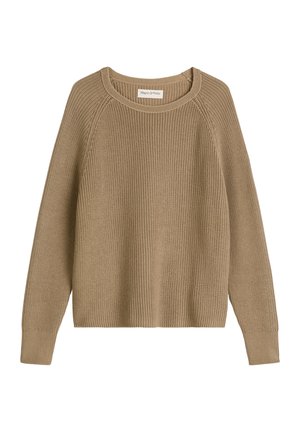 Beige gebreide trui met een beanie, voorzien van een ronde halslijn en lange raglanmouwen. Structuurstof en geribbelde manchetten. Label op de halslijn.