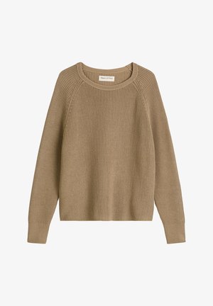 Beżowy sweter typu beanie, wykonany z dzianiny, z okrągłym dekoltem i długimi raglanowymi rękawami. Teksturowana tkanina i prążkowane mankiety. Metka na dekolcie.