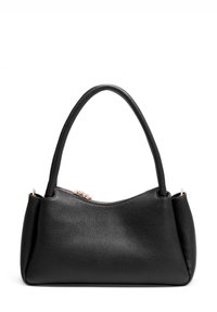 Black leather handbag with a smooth texture, curved shape, and a single handle. Features a zip closure with gold-tone hardware.
