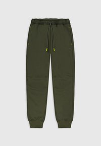 Olijfgroene sweatpants met een elastische tailleband, trekkoord en twee zijzakken. Heeft gele accenten en een comfortabele cuffs.