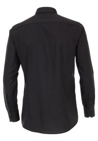 Zwarte blouse met lange mouwen, een gestructureerde kraag, knoopmanchetten en een gladde textuur. De achterkant heeft een yoke voor pasvorm en comfort.