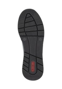 Semelle de chaussure en caoutchouc noir avec des motifs texturés pour une meilleure adhérence, comportant un logo rouge et un indicateur de taille 37.
