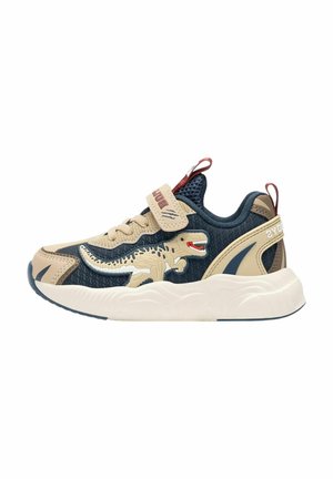 Sneakers con un design beige e blu navy. Presentano una grafica di dinosauro, una parte superiore in mesh, una striscia regolabile e una suola bianca imbottita.