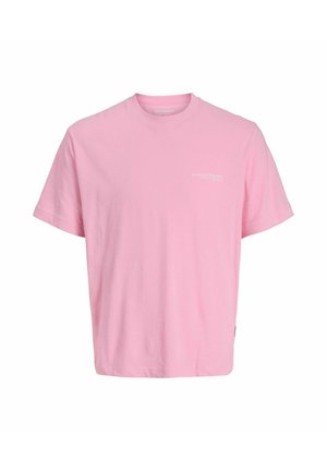 Rosa Baumwoll-T-Shirt mit kurzen Ärmeln und einem Rundhalsausschnitt. Mit einem kleinen, weißen Logoaufdruck auf der Brust. Weiche, glatte Textur.