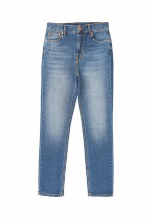 Blå denimjeans med en lige snit, lys vask, kobberfarvet syning, fem lommer og knaplukning i taljen.