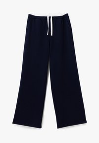 Marinblå vida byxor i mjukt tyg, med elastisk midja och vit snörning samt sidofickor.