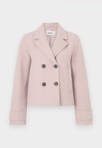 Manteau en laine rose clair à double boutonnage avec larges revers, quatre boutons sombres, manches longues avec détails sur les poignets et deux poches latérales.
