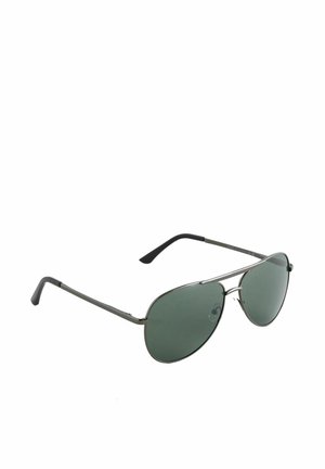 Metal-framed aviator sunglasses with dark green tinted lenses and black plastic ear tips against a white background.