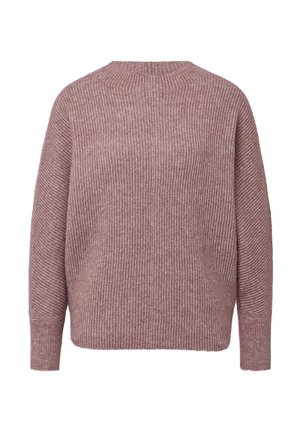 Maglione oversize in morbido malva, caratterizzato da una texture a coste, scollo tondo e spalle cadenti. La vista posteriore mostra dettagli di design minimi.