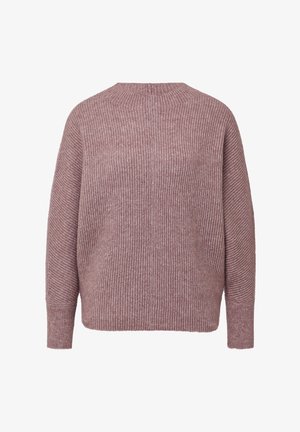 Maglione oversize in morbido malva, caratterizzato da una texture a coste, scollo tondo e spalle cadenti. La vista posteriore mostra dettagli di design minimi.