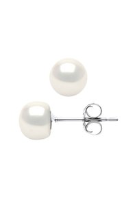 Boucles d'oreilles en perles blanches avec une finition brillante, en forme ronde, et un ressort en argent pour un port sécurisé.